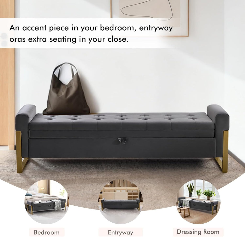 67" Storage Bench for Bedroom, King Size End of Bed Bench, Upholstered Storage Ottoman Bench with Golden Metal Legs, Bedroom Bench for Entryway, Dark Grey