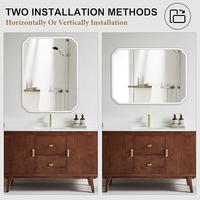 White Bathroom Vanity Mirror for Over Sink 30" x 40" Modern Rounded Corner