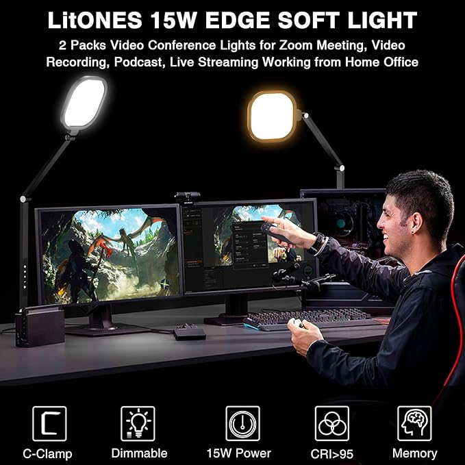 2 Packs Video Conference Light for Computer, 15W LitONES Desk Light for Zoom