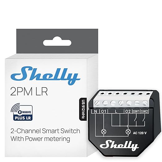 Shelly Wave 2PM US LR UL | Z-Wave Long Range Smart Switch Relay, 2-Channel 16 A