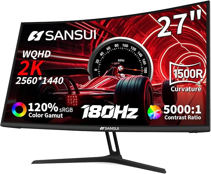 SANSUI 27 Inch WQHD 2560X1440 Curved Gaming Monitor, 180Hz MPRT 1ms Computer