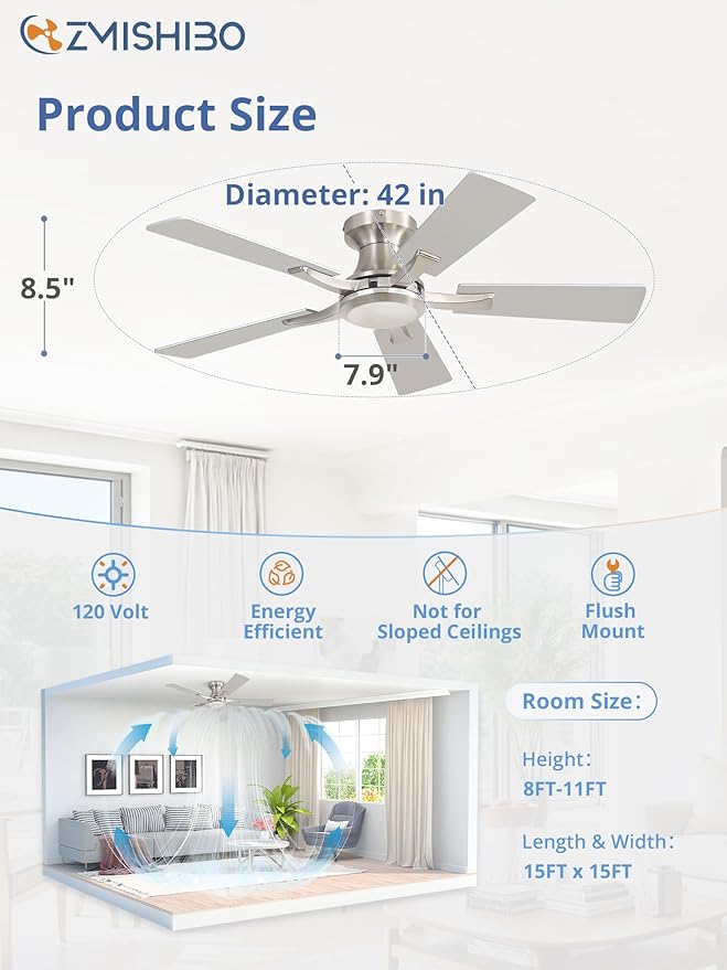 ZMISHIBO 42 Inch Ceiling Fan No Light, Flush Mount Low Profile, Modern Nickel