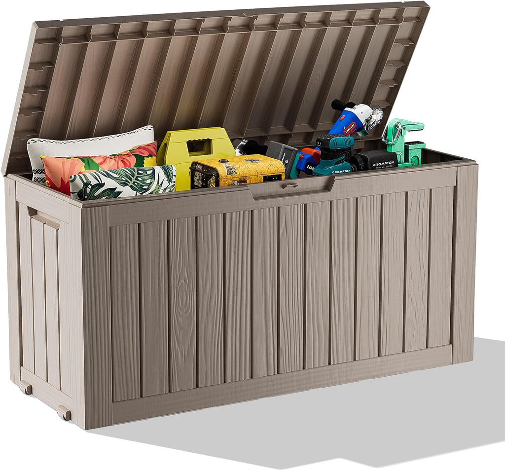 ROJIK 90 Gallon Deck Box Outdoor, Waterproof Outdoor Storage Boxes with Lids, Outside Resin Lockable Storage Box for Patio Cushions, Garden Tools(Grey)