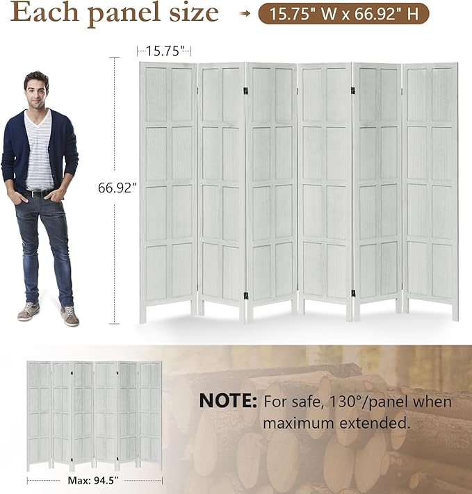 ALeesing 6 Panel Room Divider, 5.6Ft Wood Room Dividers and Folding Privacy