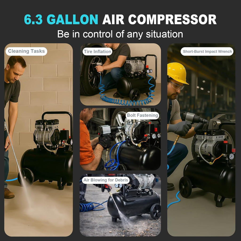 AAIN Ultra Quiet Air Compressor, 6.3 Gallon, Oil-Free, 1.5HP, 6 CFM, 116PSI