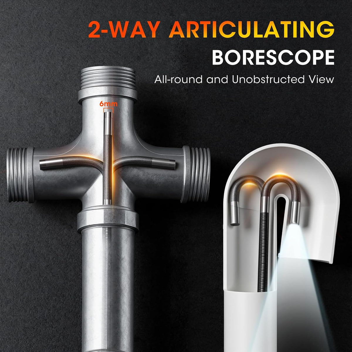 articulating borescope camera with light for automotive &, close-up detail