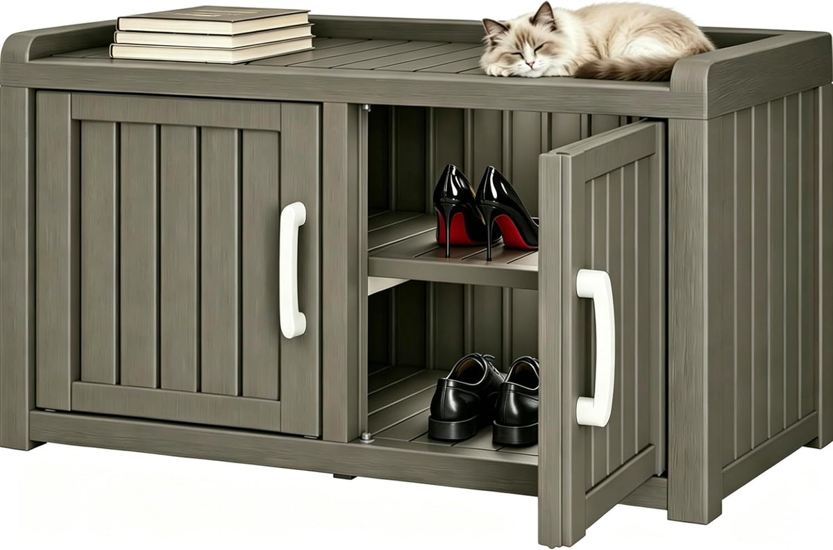Outdoor Shoe Storage Bench with 2 Doors, Waterproof UV-Resistant Resin Cabinet, Entryway Organizer for Porch, Hallway, Gray
