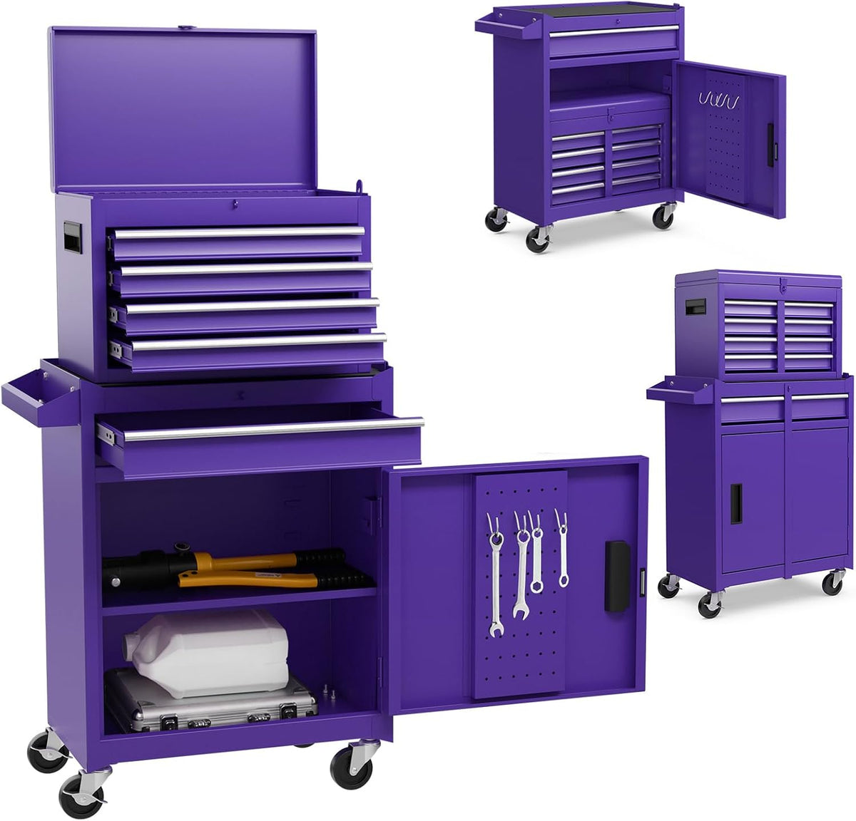 DREAMADE 5-Drawer Tool Chest Combo, Rolling Tool Cabinet w/Detachable Top Tool Box, Adjustable Shelves, Lockable Wheels, Metal Tool Box for Garage, Workshop, Repair Shop Storage (Purple)