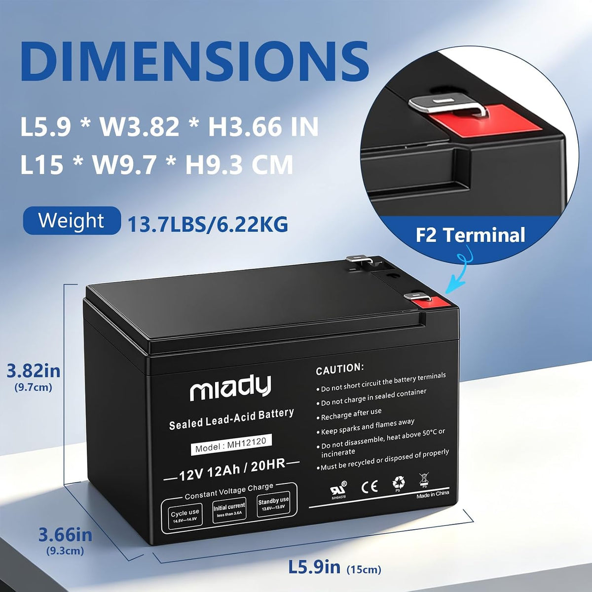 miady 12v 12ah rechargeable sealed lead acid battery shown in use