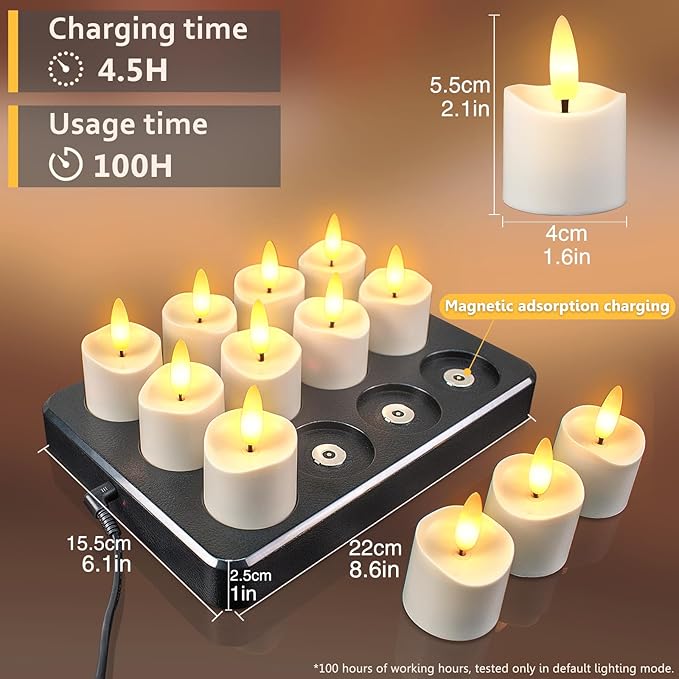 HL Rechargeable Waterproof Tea Lights,100H+ Highly Bright Led Flameless Candles,Magnetic Charging Battery Candles with Remote,Electric Votive Candles for Home Halloween Christmas Decorative-12pcs