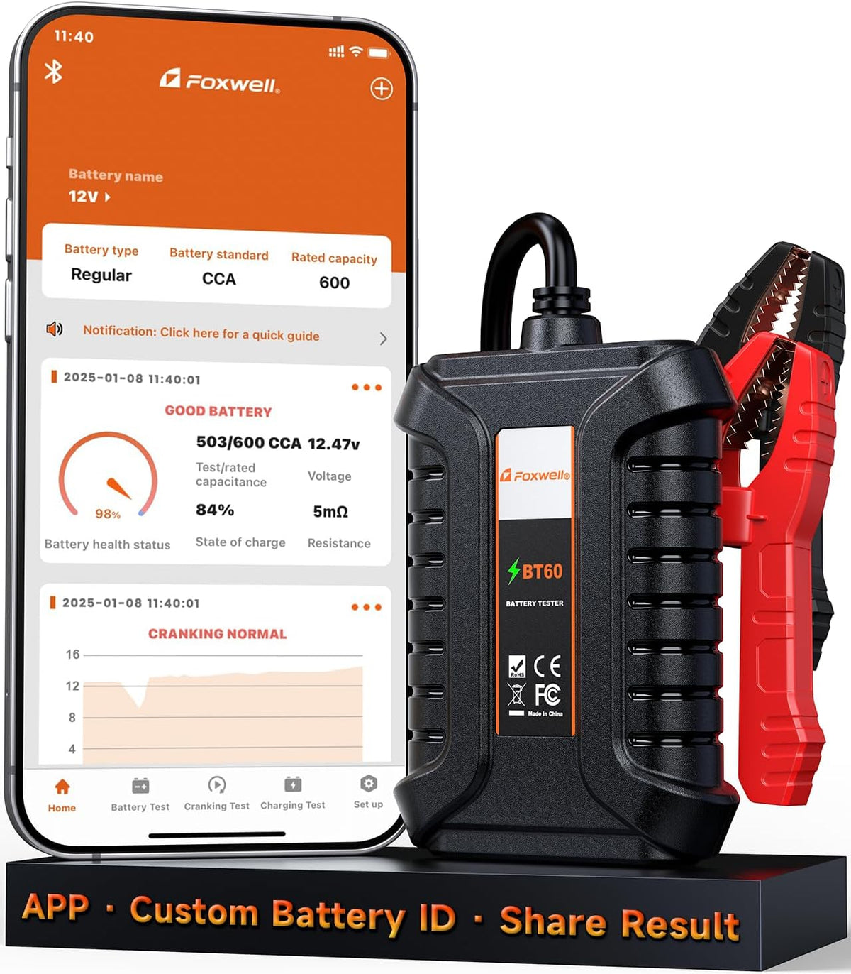 Bluetooth Car Battery Tester Foxwell BT60, 12V Battery Load Tester, Cranking