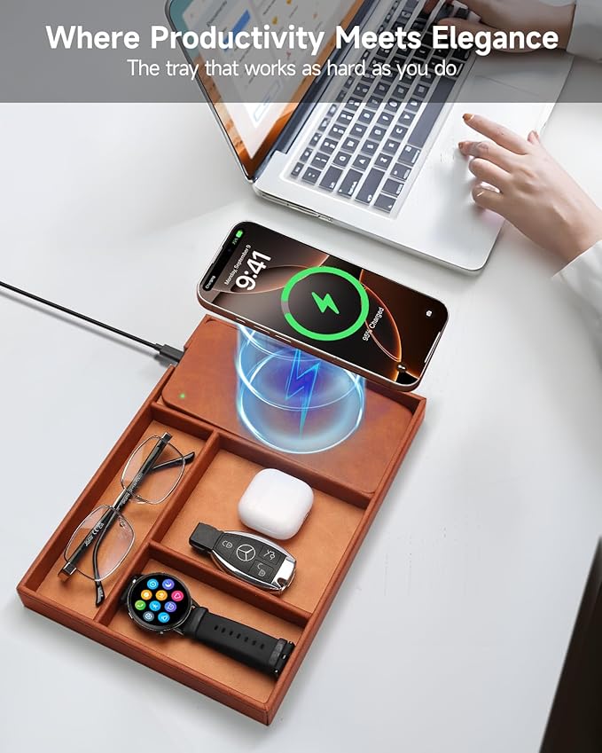 Valet Tray, Built in Wireless Charging Pad, Nightstand Organizer, Two-Toned