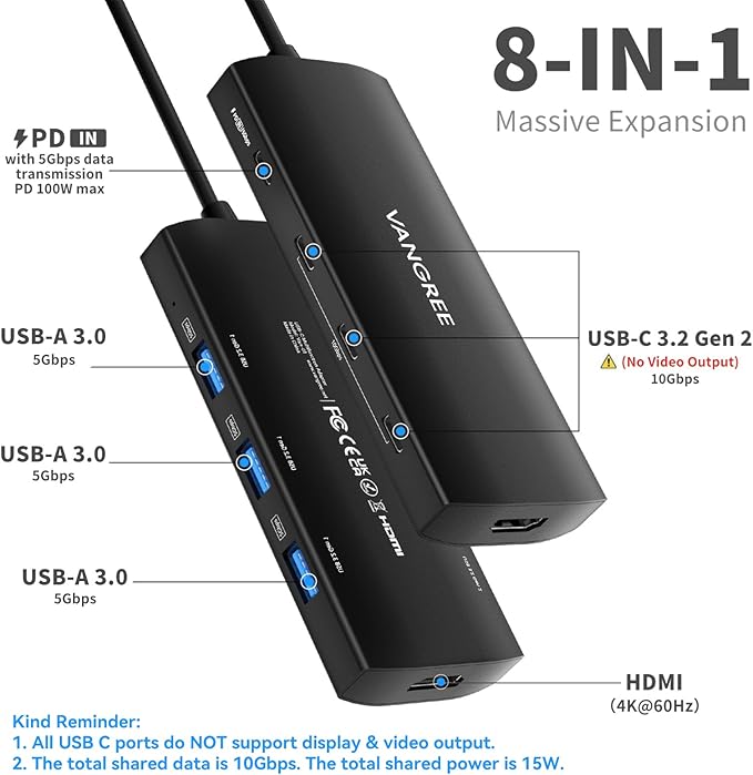 USB C Hub 8 in 1 Multiport Adapter, 3 USB 3.2 Gen 2 Ports