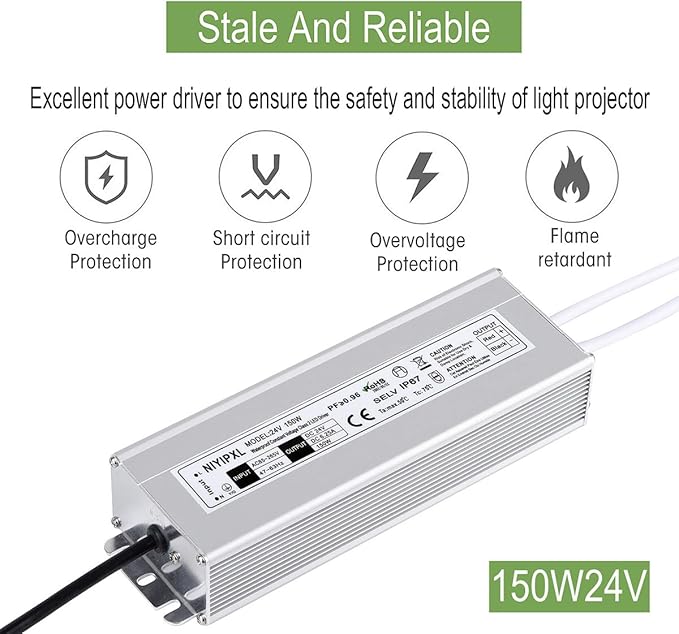 LED Driver 150 Watts 24V DC Low Voltage Transformer， Waterproof IP67 LED Power