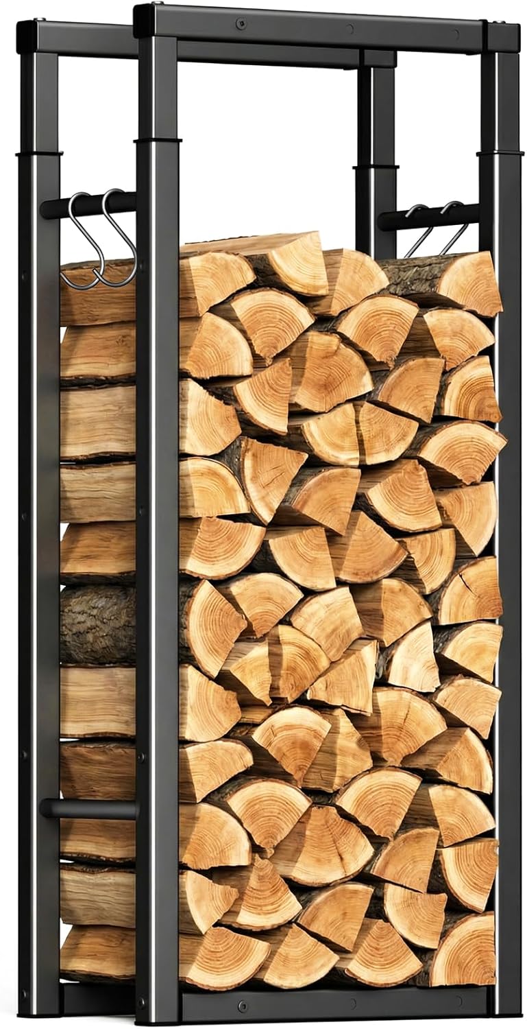 VOUNOT Firewood Rack Adjustable Firewood Holder Heavy Duty Log Holder Stand for Fireplace Fire Wood Storage Holder for Indoor Outdoor 5 ft Height Black