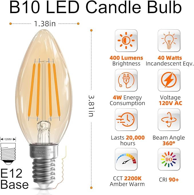 GvvooHome Candelabra Light Bulbs 40 watt Equivalent, E12 LED Bulb Dimmable B10