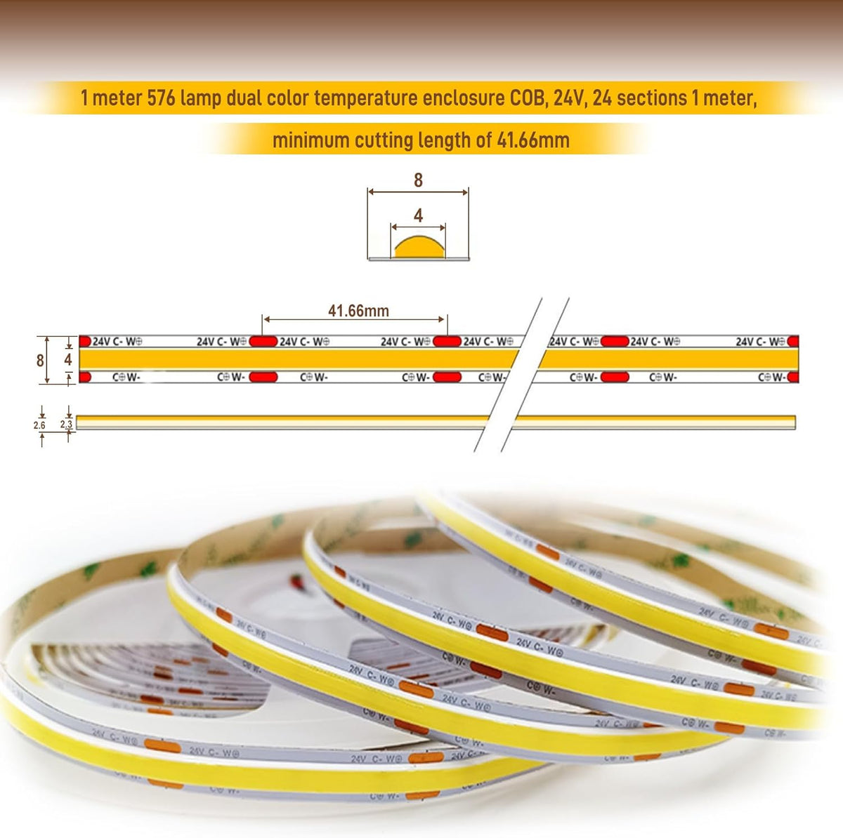 pandery cob led strip light, cct dimmable strips, side view