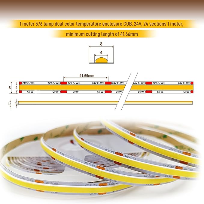 Pandery COB LED Strip Light, CCT Dimmable Strips Light, 2700K-6500K, 8mm Wide