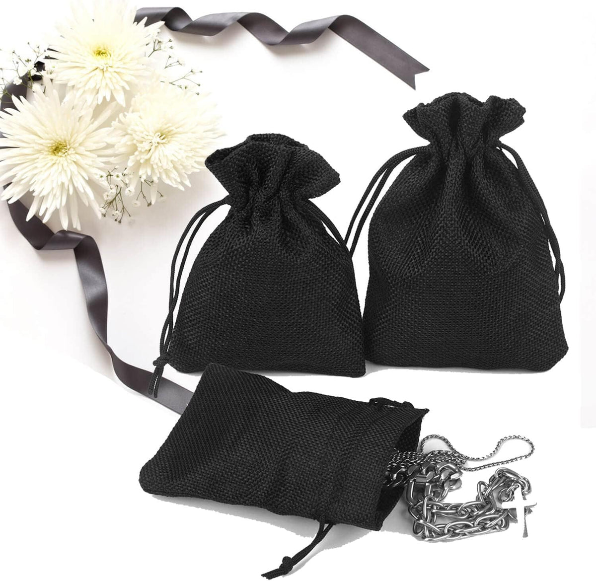 50Pcs Black Burlap Bags with Drawstring, 5.9x7.5 inch Jute Favor Sacks Linen Treat Bags for Halloween, Wedding, Party, Memorial Day, DIY Craft
