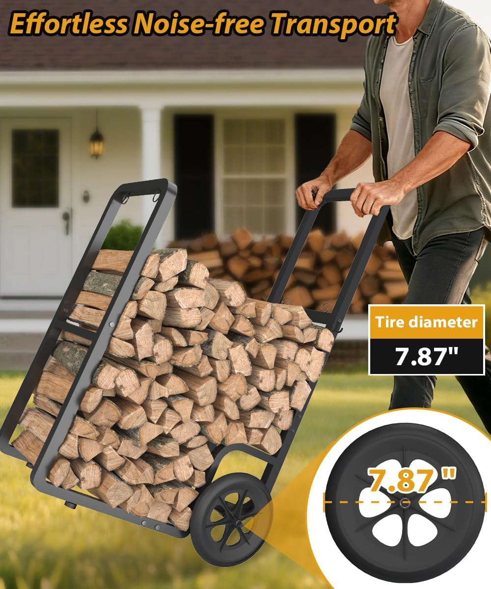 easy-assembly firewood cart, rolling log carrier for outdoor, side view