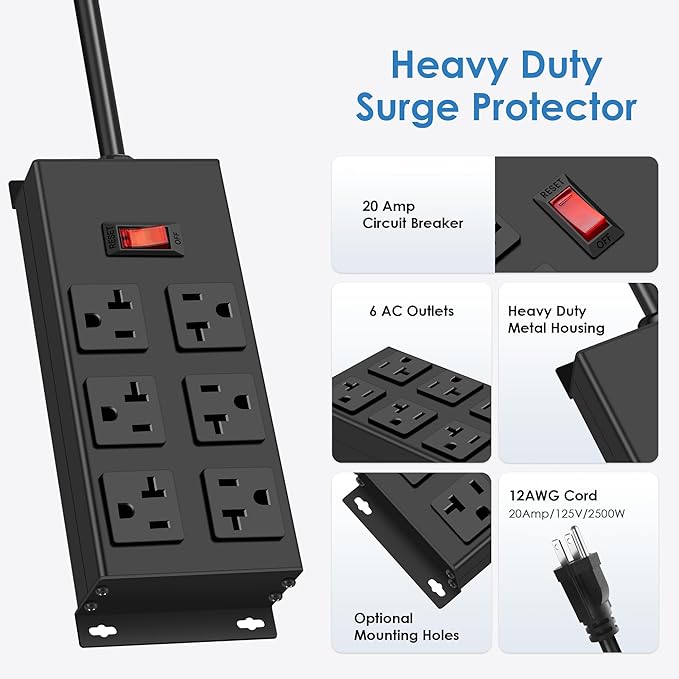 JUNNUJ Heavy Duty 20 Amp Power Strip, Garage 6 Outlets Metal 12 Gauge Surge