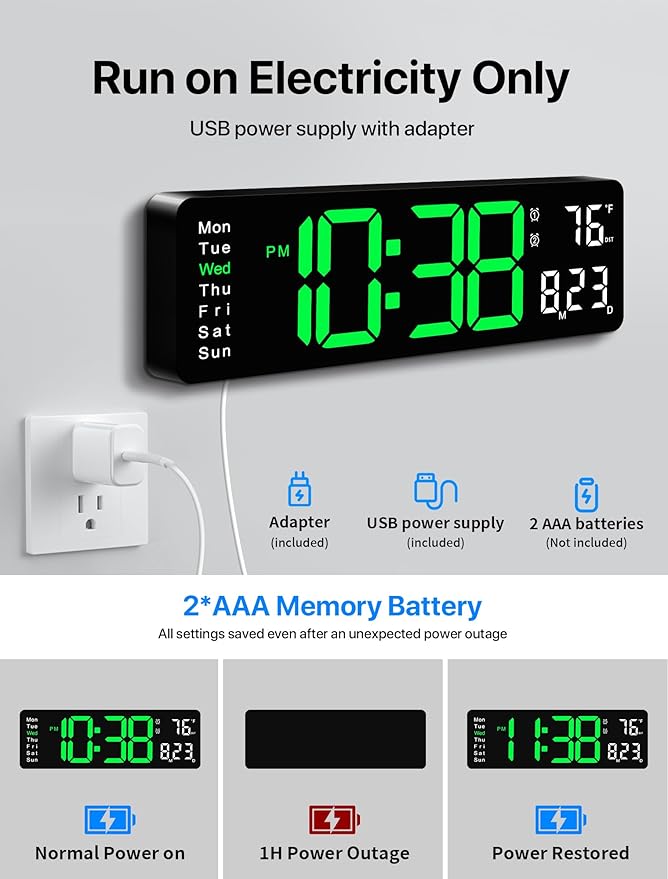 MASHI Digital Wall Clock, Auto-Dimming Wall Clock