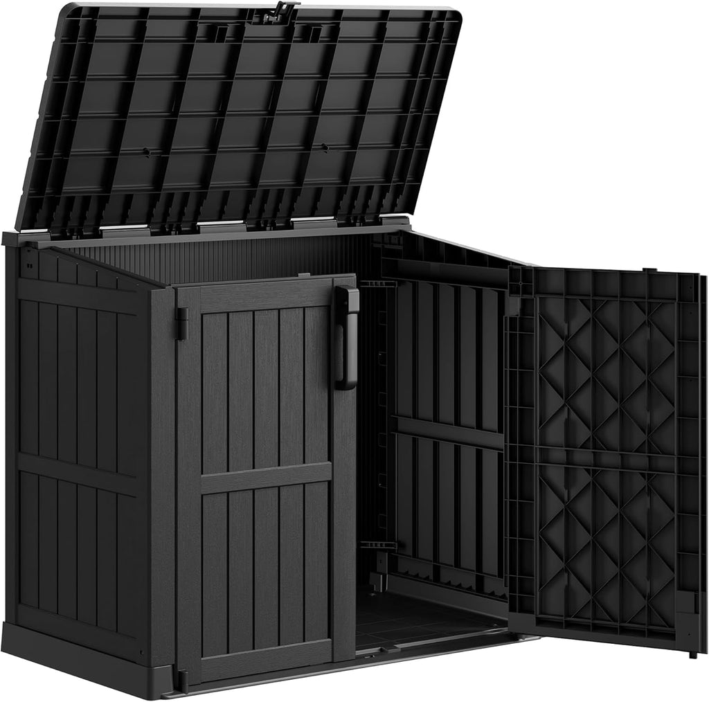 36 Cu Ft Horizontal Resin Storage Shed, Weatherproof Outdoor Storage Cabinet with Dual Lock Door, Fits Small Trash Cans, Generators, & Garden Tools, Matte Black
