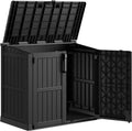 36 Cu Ft Horizontal Resin Storage Shed, Weatherproof Outdoor Storage Cabinet with Dual Lock Door, Fits Small Trash Cans, Generators, & Garden Tools, Matte Black