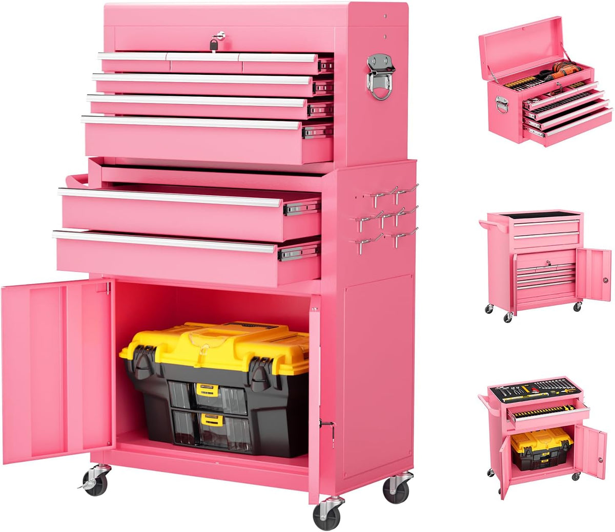 Crownland 8 Drawer Rolling Tool Chest with Wheels, Pink