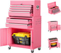 Oakcloud Heavy-Duty 8-Drawer Rolling Tool Chest & Cabinet Combo with Black Liner – Lockable Steel Garage Tool Box on Wheels – Detachable Top Toolbox & Bottom Storage Cart with Side Hooks, Pink