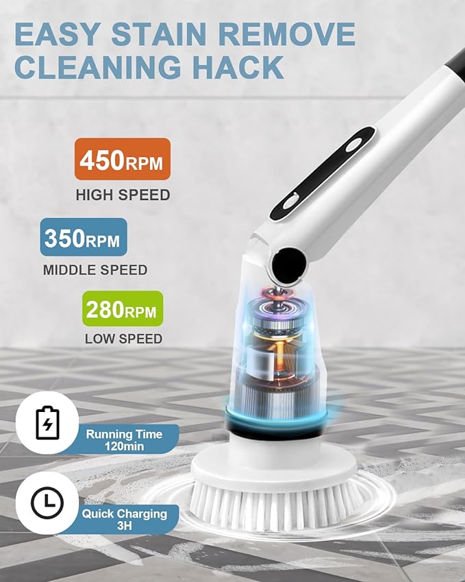 IEZFIX Electric Spin Scrubber, Bathroom Power Shower Scrubber Cleaning Brush