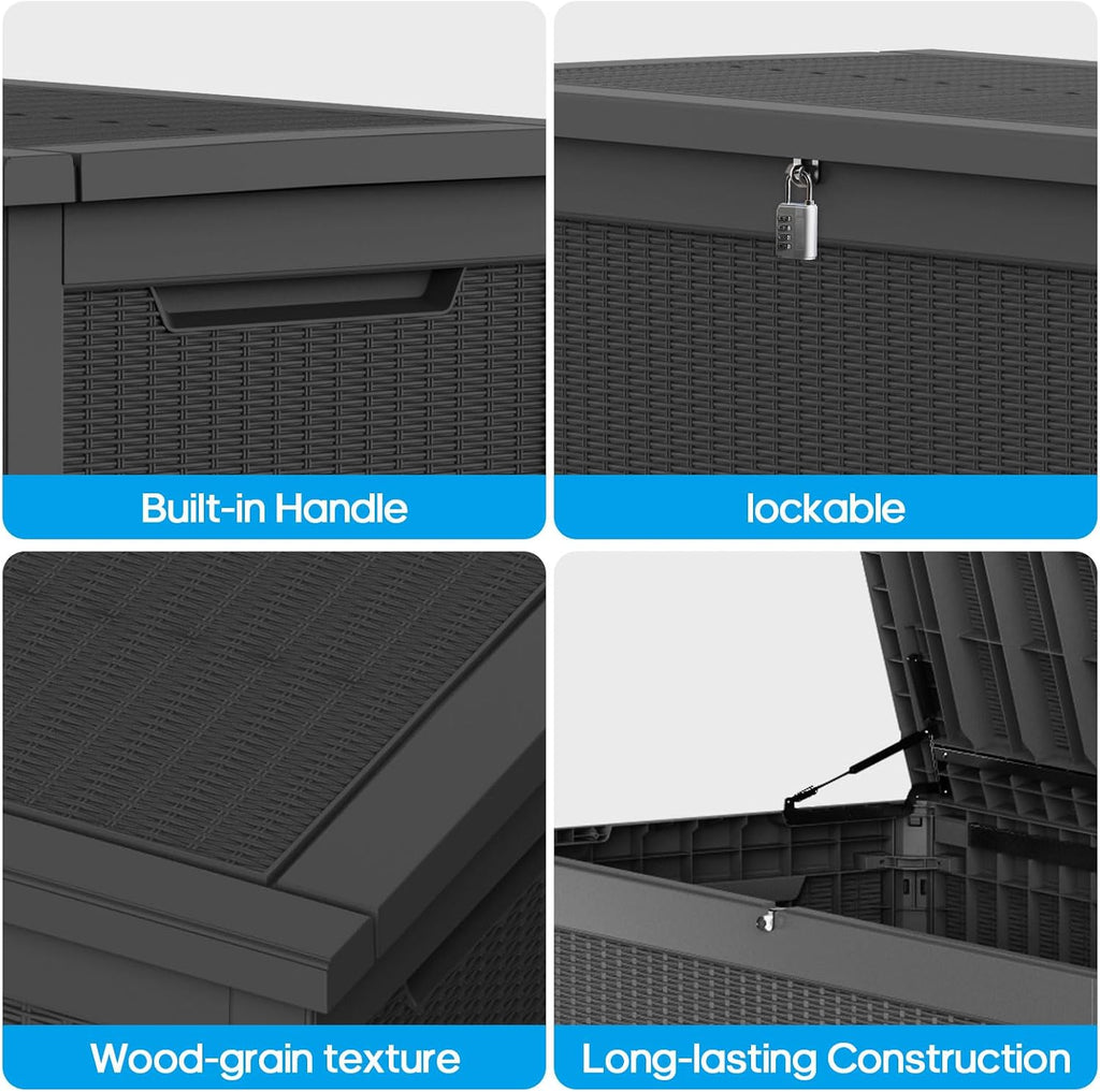 ROJIK Outdoor Storage Housing Deck Box - Waterproof Patio Furniture, Garden Tools, Cushions, Pool Accessories Storage Bench with Lockable Lid and Side Handles (Black, 315 Gal)