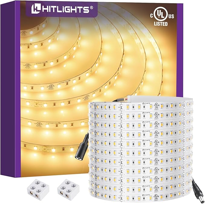 HitLights 24V LED Strip Lights Warm White 3000K, 26.2ft Cuttable Tape Backed