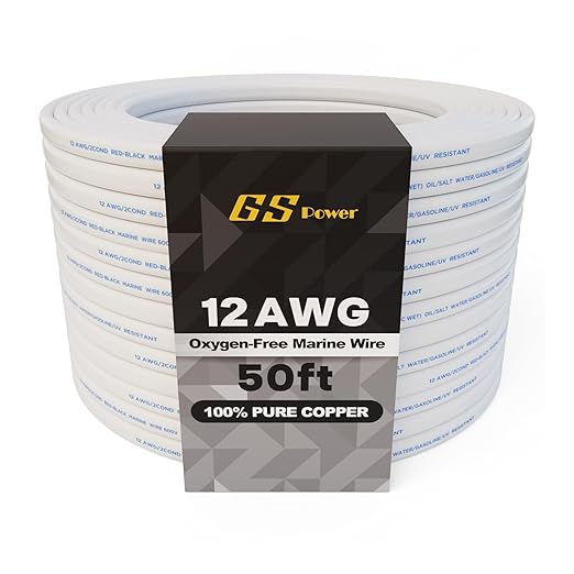 GS Power 50 Ft Duplex Marine Wire, 12 Gauge Wire, Oxygen-Free Tinned Copper 12