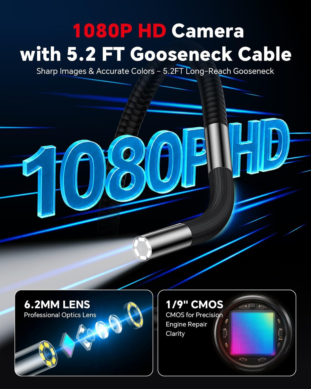 2-way articulating borescope, phone endoscope camera with light on a desk or shelf