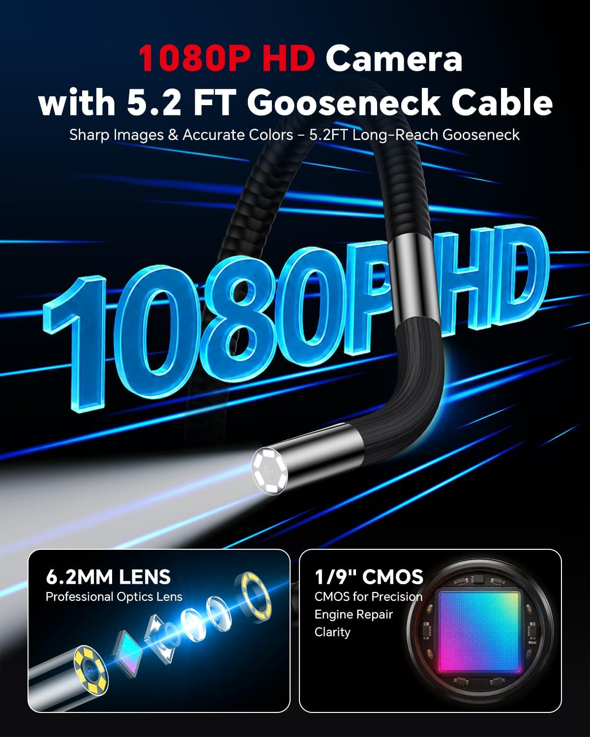 2-way articulating borescope, phone endoscope camera with light on a desk or shelf