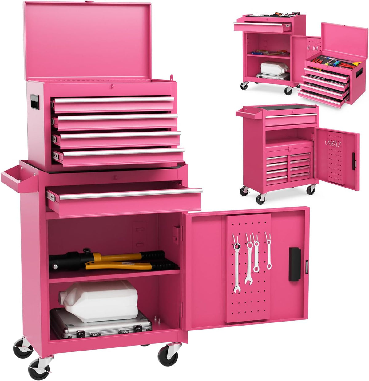 Rolling Tool Chest, 5-Drawer Tool Storage Cabinet with Wheels, Adjustable Shelf & Anti-Slip Liner, Tool Box Organizer for Garage, Warehouse & Workshop (Pink)