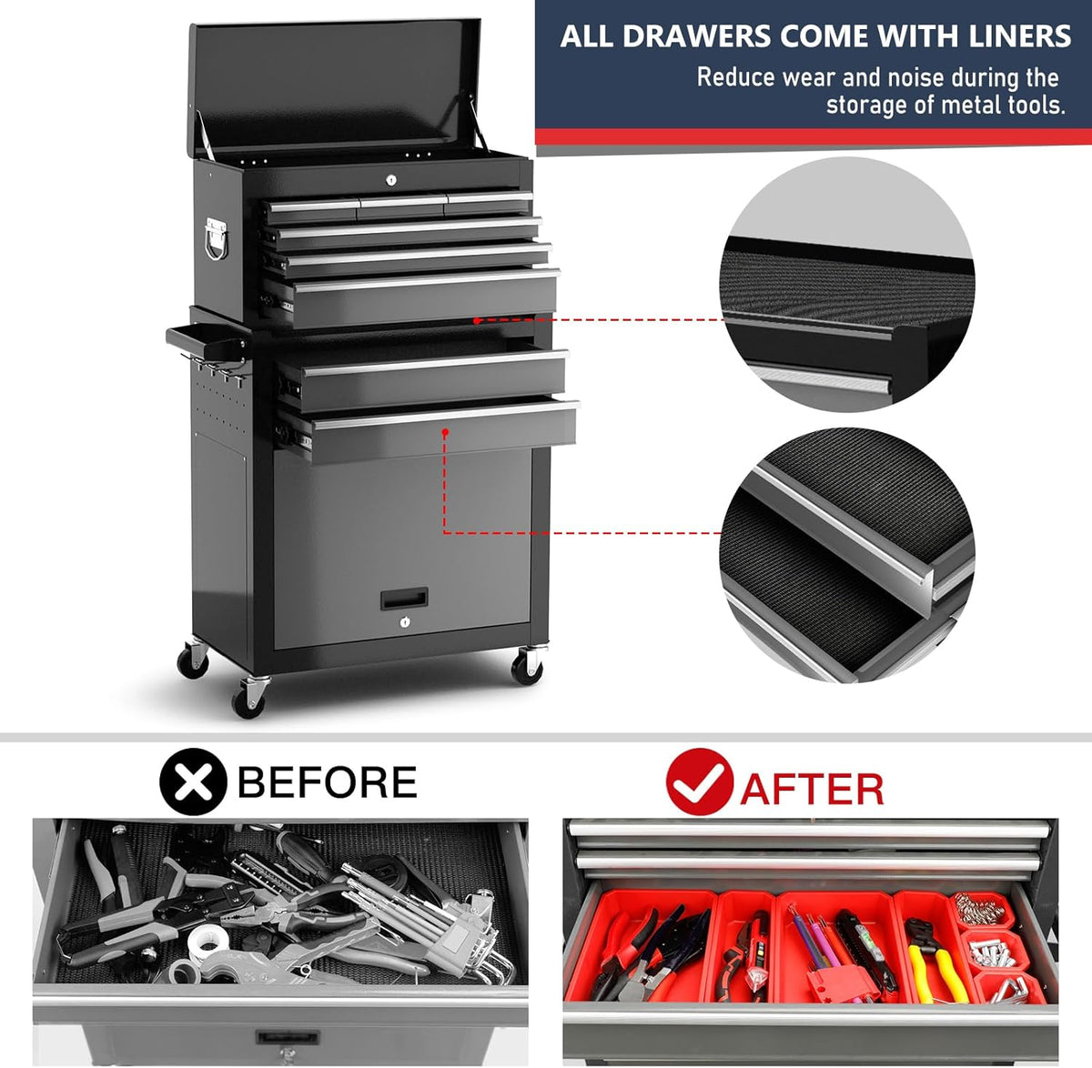 8-drawer tool chest with wheels, 42'' rolling tool, side view