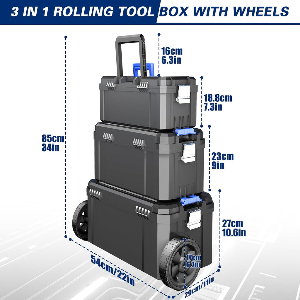 AIRAJ 3 In 1 Rolling Tool Box with Wheels, Stackable Tool Box,17 +19 +21 In