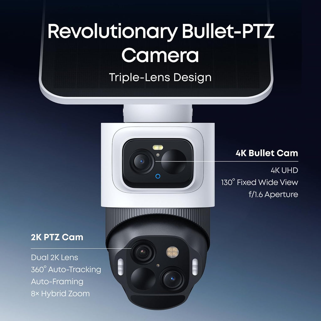 eufy security eufycam s4, 4k solar camera, 3-lens shown in use