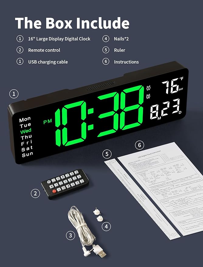 MASHI Digital Wall Clock, Auto-Dimming Wall Clock