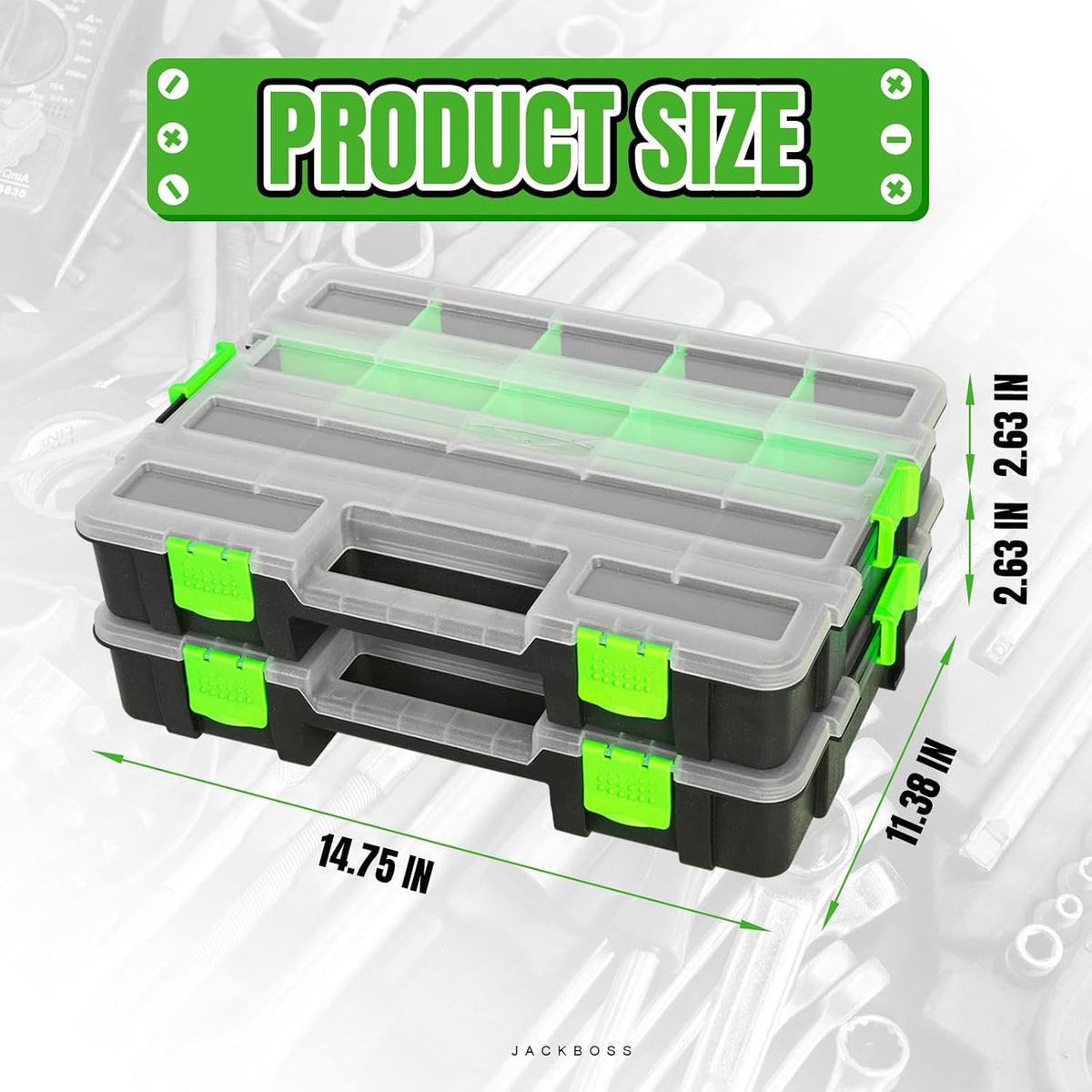 jack boss tool box with transparent lid, single shown in use