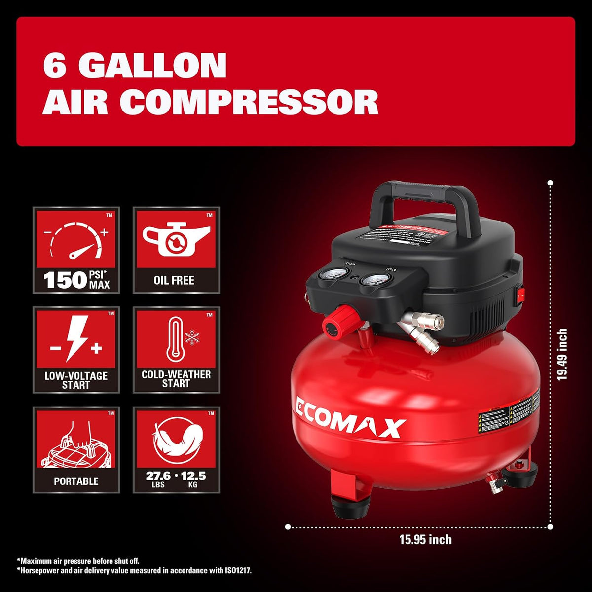 ECOMAX Air Compressor 6 Gallon 150 PSI Pancake Portable Oil-free Tank with 10 PCS Accessories Kit