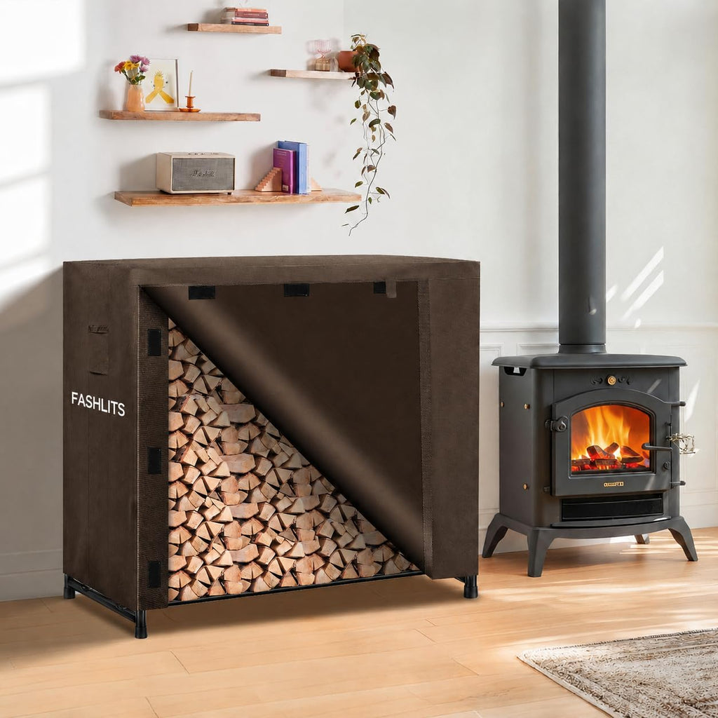 4ft firewood rack cover, waterproof heavy duty 600d shown in use