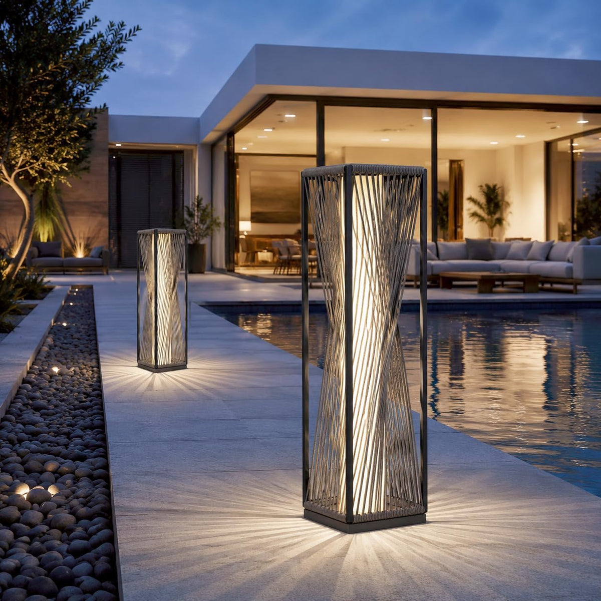 Solar Yard Outdoor Solar Floor Lamp Resin Wicker Solar Light Outdoor Waterproof for Yard, Garden, Pathway, Deck, Dazzle Dance (Gray, 2 Piece)