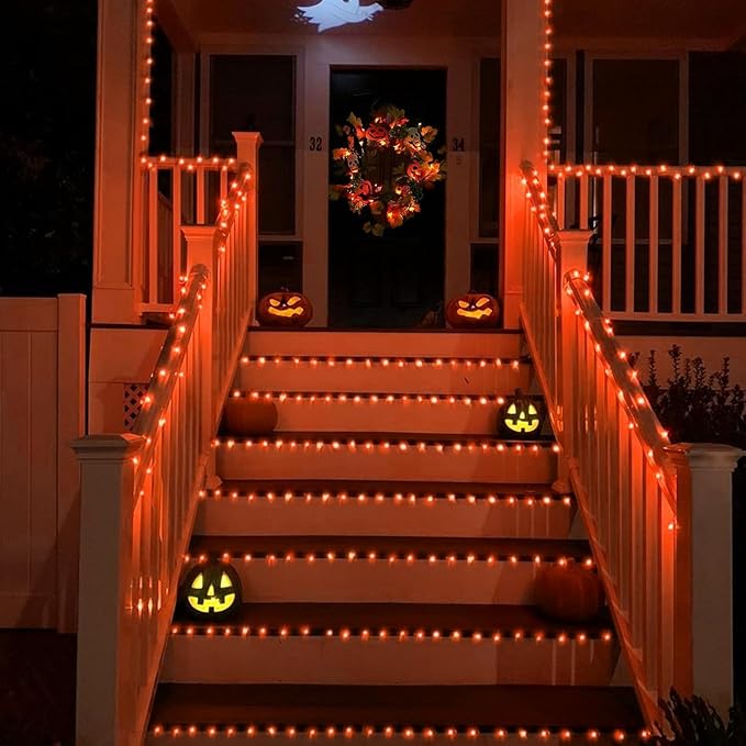 YEGUO 165ft 500 LED Halloween Lights Outdoor Waterproof, Orange String Lights Indoor Plug in, 8 Modes Clear Wire Orange Lights for Halloween