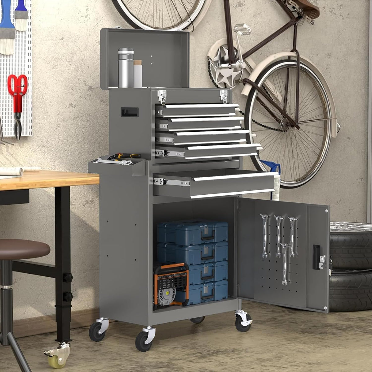 5-drawers tool box, 2-in-1 mechanic rolling tool chest shown in use