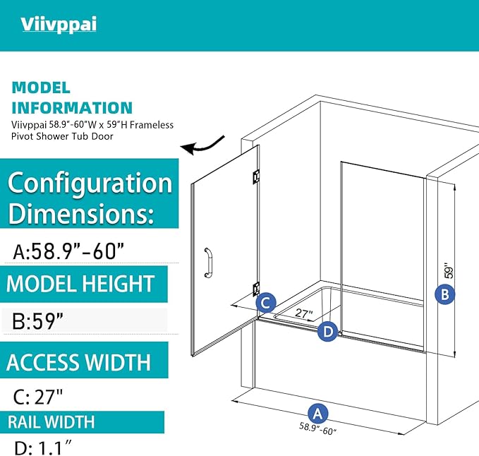 Pivot Swing Bathtub Door, Adjustable Width 60" W x 59" H Semi-Frameless Shower