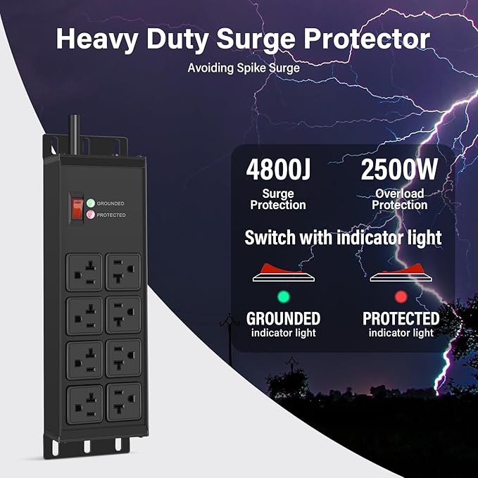 CCCEI Black Heavy Duty Power Strip Surge Protector 20 AMP, 8 Outlets 12 Gauge