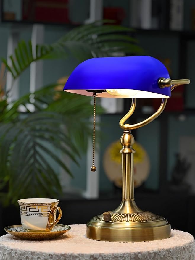 Newrays Blue Glass Bankers Desk Lamp, Stepless Dimmable Table Lamp Plug in